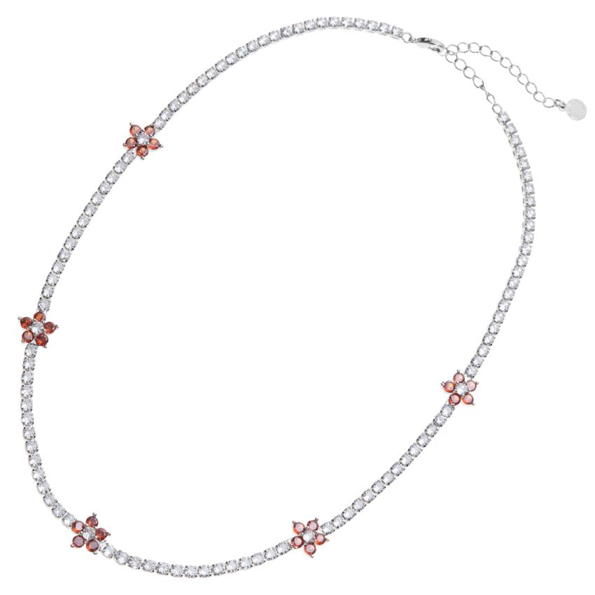 Ottaviani Collana Tennis Con Zirconi Bianchi E Fiori Rossi