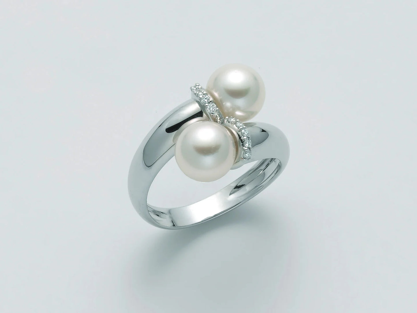 Nimei Anello Doppia Perla Akoya 7,5-8 In Oro Bianco E Diamanti