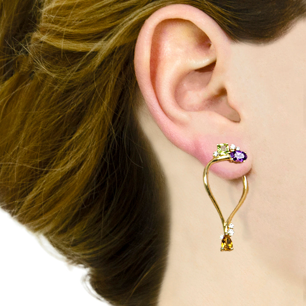 Alfieri & St John Orecchini Fantasia In Oro Con Diamanti, Peridoto, Ametiste e Citrini