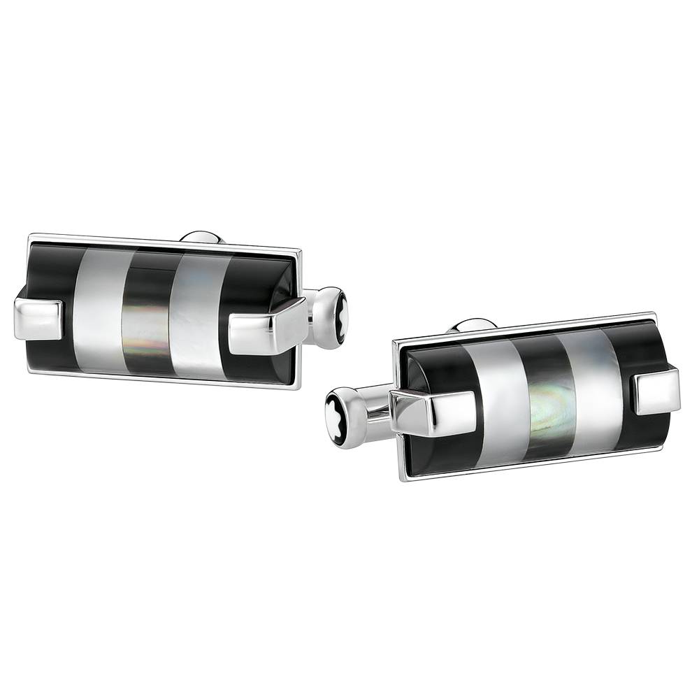 Gemelli da polso rettangolari in acciaio inossidabile con inserti in madreperla e onice nera della collezione Gemelli Montblanc - Codice prodotto: 109513