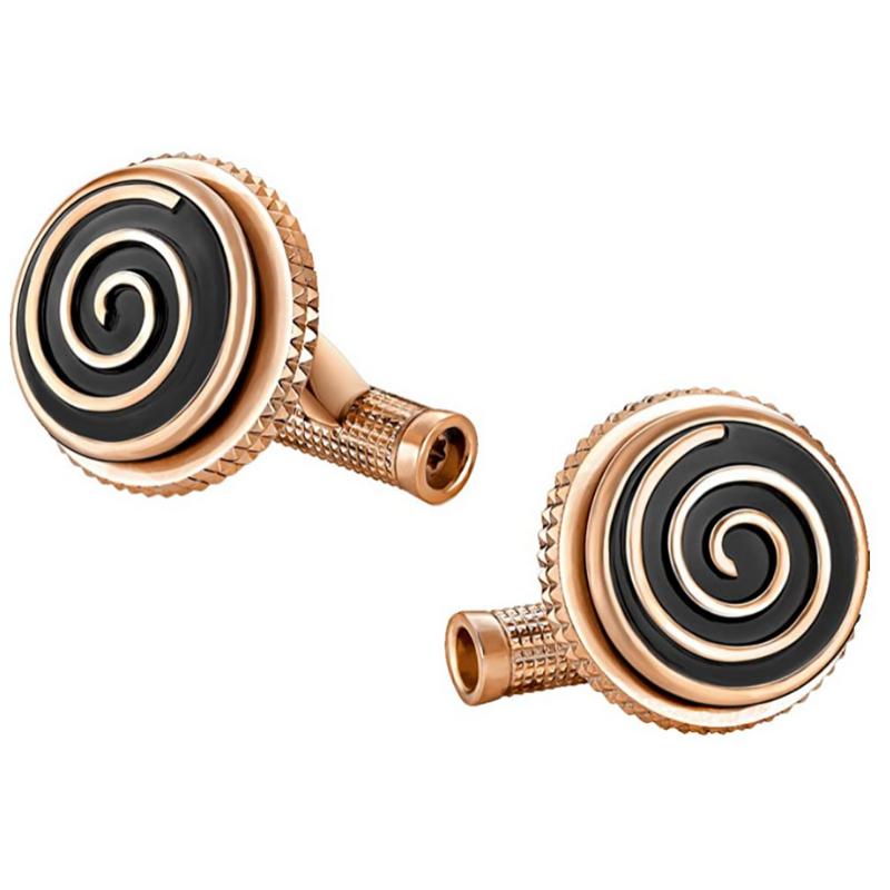 Gemelli da polso di forma rotonda in acciaio inossidabile con finitura in pvd oro rosa e inserto nero con motivo a spirale bianca della collezione Jazz Montblanc - Questi gemelli da polso Montblanc si ispirano al musicista jazz Miles Davis - Codice prodotto: 114780