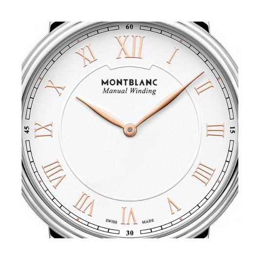 Orologio da uomo Montblanc Traditional Manual Winding Cassa: 40 mm Quadrante: Bianco con indici romani rifiniti in oro rosa Movimento a carica manuale: MB 23.01 Riserva di carica: 42 ore Impermeabilità: 3 ATM Cinturino in acciaio pregiato Codice prodotto: 119963