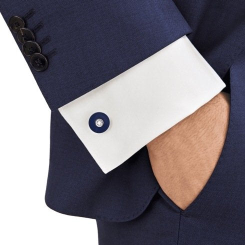 Gemelli da polso Montblanc di forma rotonda in acciaio pregiato e resina blu con l'emblema a forma di vetta innevata della collezione Pix Montblanc - Codice prodotto: 123812