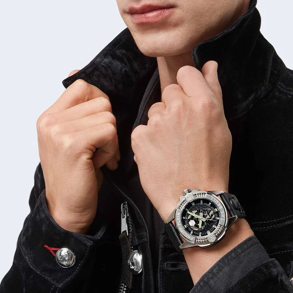 Orologio Philipp Plein The $kull Uomo Cinturino In Pelle Nero Movimento Al Quarzo Pwaaa0321