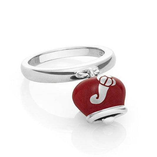 Anello campanella in argento 925 e smalto rosso perlato, con cornetto portafortuna sul retro della collezione Et Voilà Chantecler - Codice prodotto 36385