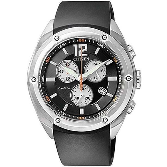Orologio da uomo cronografo a carica luce della collezione Citizen Eco Drive con cassa in acciaio, cinturino in caucciù e quadrante nero con contatori del cronografo di colore bianco