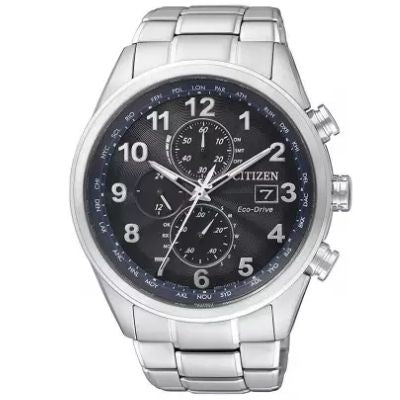 Orologio da uomo cronografo a carica luce infinita della collezione Citizen modello H800 Radiocontrollato Eco Drive con cassa e cinturino in acciaio e quadrante nero