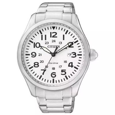 Orologio da uomo solo tempo a carica luce infinita della collezione Citizen modello Of Action Eco Drive con cassa e cinturino in acciaio e quadrante bianco