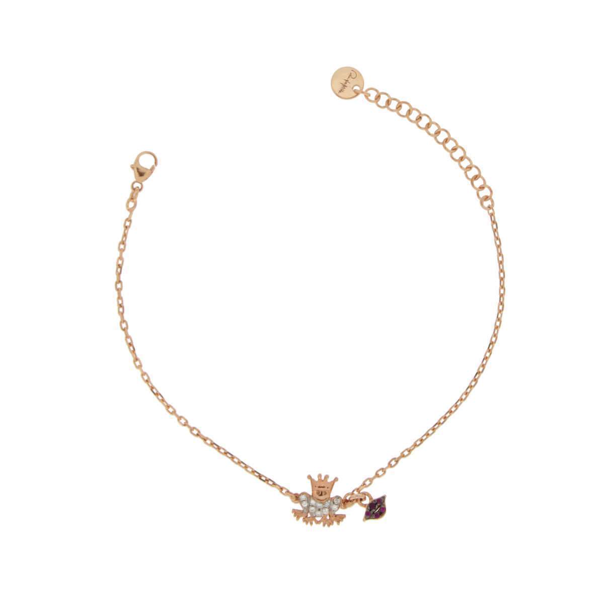 Bracciale da donna doppio soggetto ranocchio/bocca in argento 925 placcato in oro rosa 18 kt con zirconi della collezione Rue Des Mille - Misura bracciale: 16 cm + 3 cm di estensione - Codice prodotto: BRZ-201 C1
