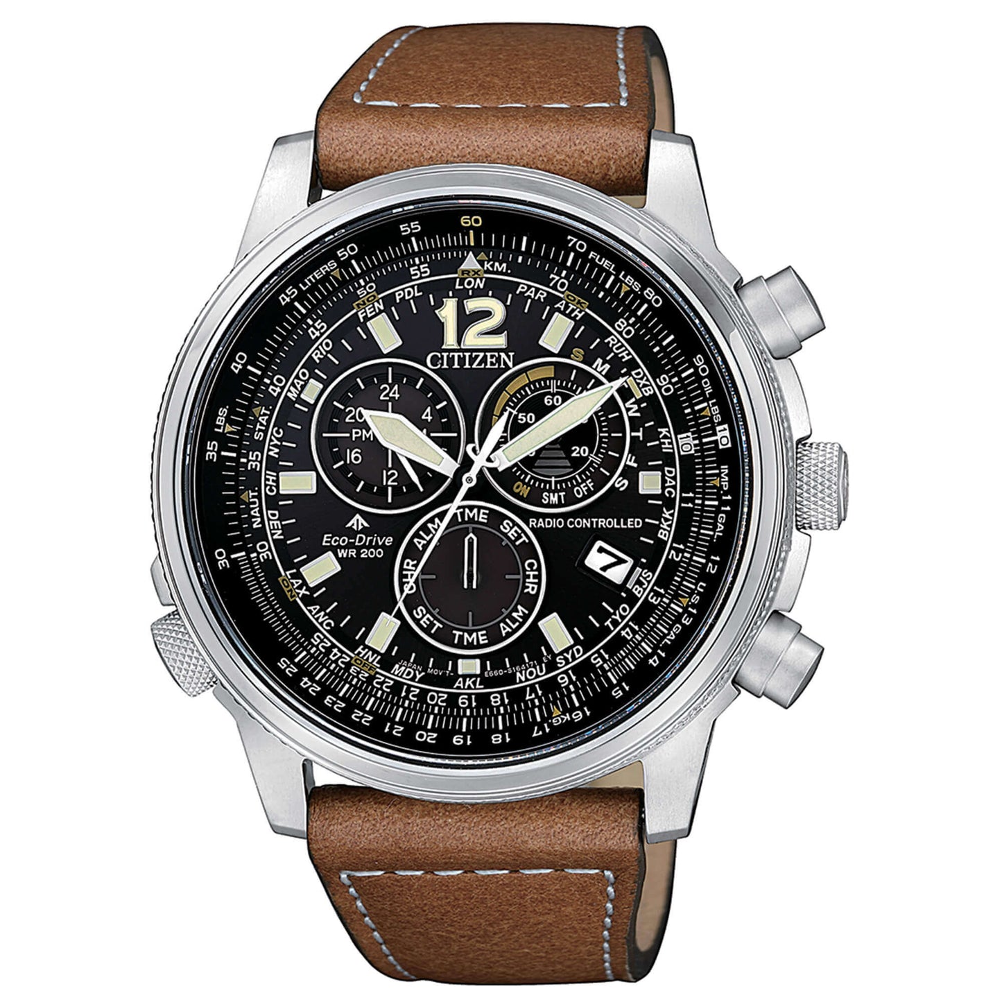 Orologio da uomo cronografo Eco Drive Radiocontrollato della collezione Citizen modello Crono Pilot con cassa in acciaio, cinturino in pelle marrone e quadrante nero