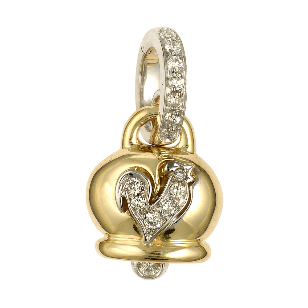 Chantecler Campanelle Ciondolo Piccolo In Oro Giallo, Diamanti E Gallo In Pavé Di Diamanti
