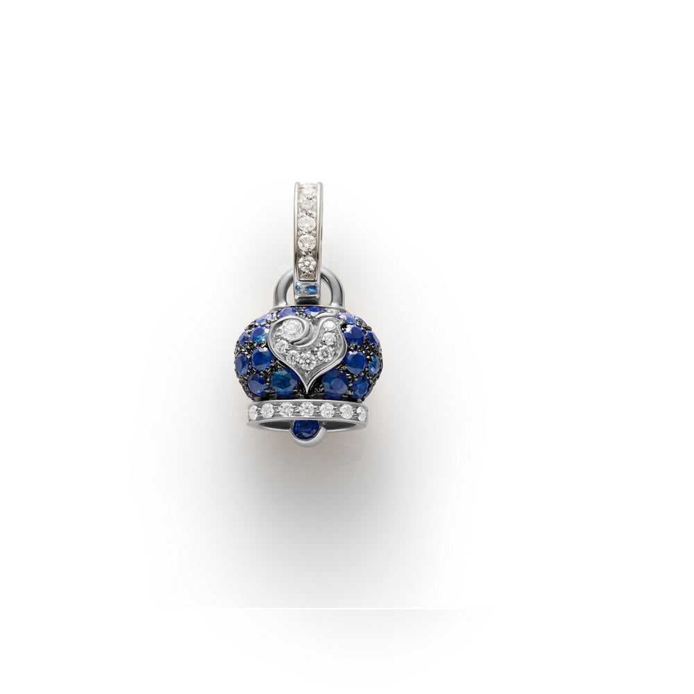 Chantecler Campanelle Ciondolo Piccolo In Oro Bianco Brunito E Zaffiri Blu, Galletto In Oro Bianco E Diamanti Bianchi