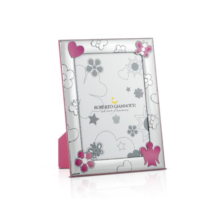 Roberto Giannotti Cornice In Argento Con Angelo Cuore Fiore E Farfalla In Rosa