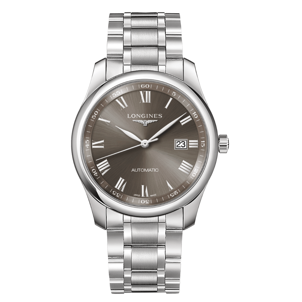 Orologio da uomo automatico solo tempo della collezione Longines modello Master Collection con cassa e cinturino in acciaio e quadrante "a raggera" grigio