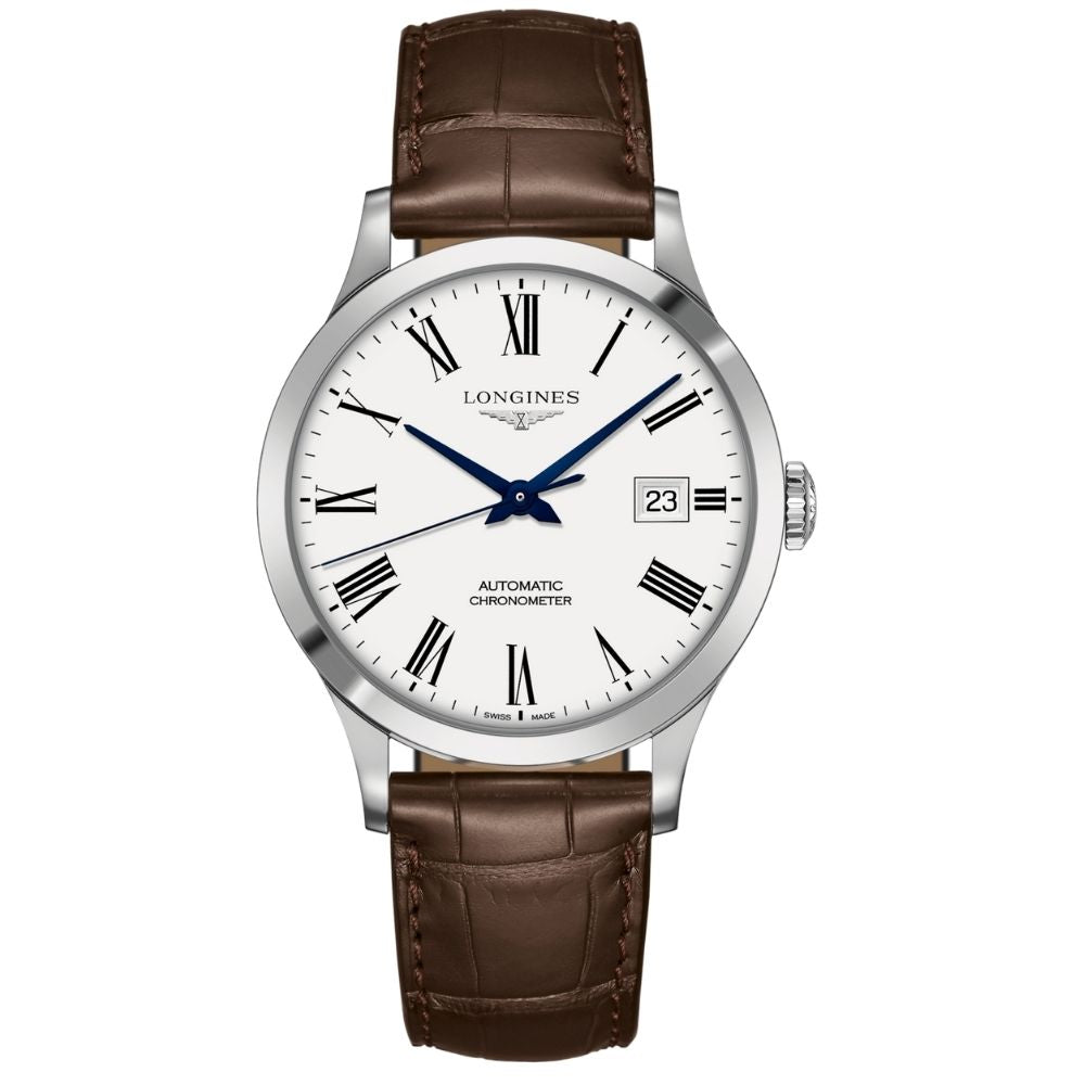 Orologio da uomo automatico solo tempo della collezione Longines modello Record Collection con cassa in acciaio, cinturino in pelle marrone e quadrante bianco