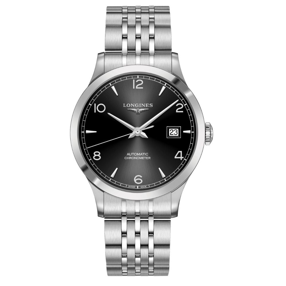 Orologio da uomo solo tempo automatico della collezione Longines modello Record Collection con cassa e cinturino in acciaio e quadrante nero