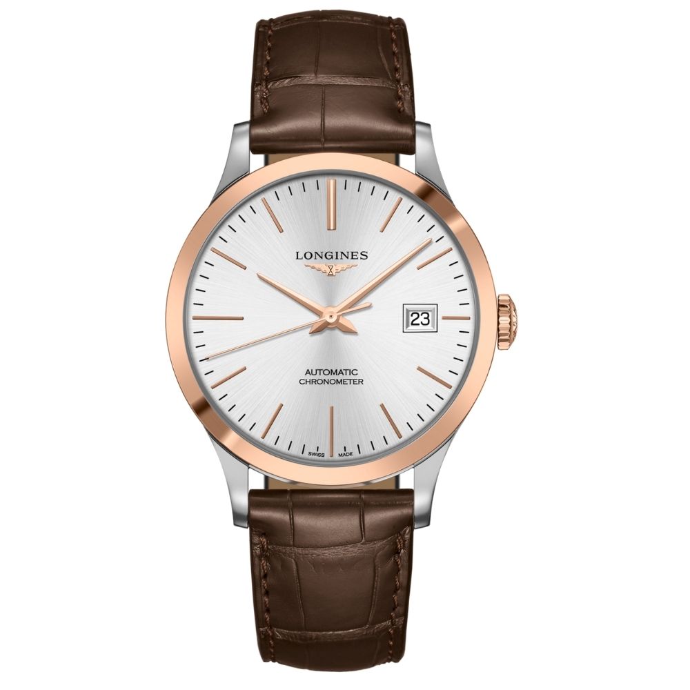 Orologio da uomo solo tempo automatico della collezione Longines modello Record Collection con cassa in acciaio con maglia centrale in oro rosa 18 kt, cinturino in pelle marrone e quadrante color argento