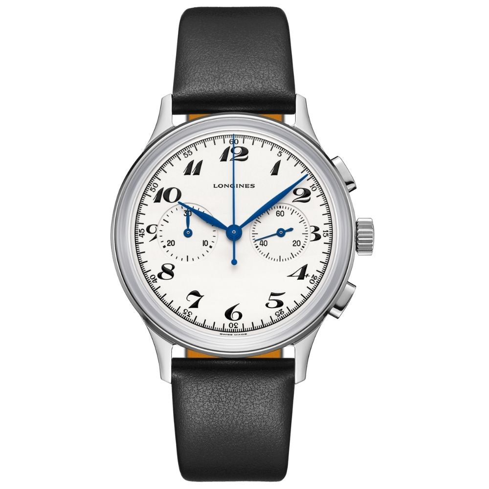 Orologio da uomo cronografo automatico della collezione Longines modello The Longines Heritage Classic Chronograph 1946 con cassa in acciaio, cinturino in pelle nero e quadrante color argento