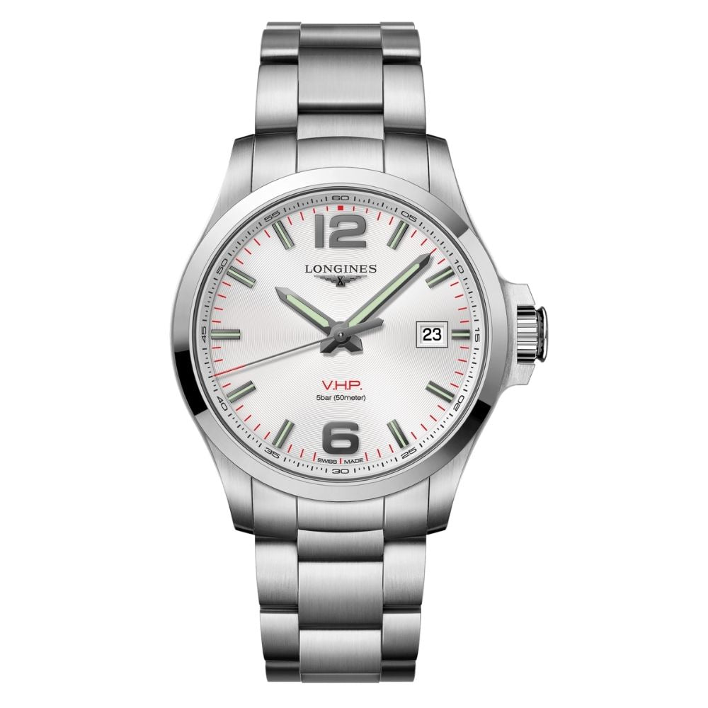 Orologio da uomo solo tempo al quarzo della collezione Longines modello Conquest V.H.P. con cassa e cinturino in acciaio e quadrante color argento inciso