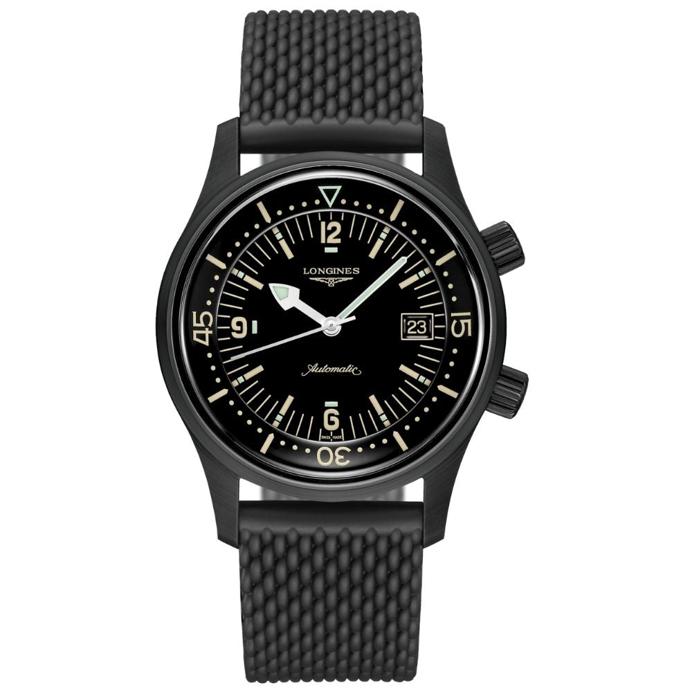 Orologio da uomo solo tempo automatico della collezione Longines modello The Longines Legend Diver Watch con cassa e cinturino in acciaio rivestito in pvd nero e quadrante nero - Impermeabile fino a 300 metri, adatto per immersioni e sport acquatici