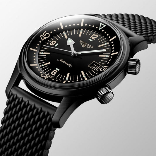 Orologio da uomo solo tempo automatico della collezione Longines modello The Longines Legend Diver Watch con cassa e cinturino in acciaio rivestito in pvd nero e quadrante nero - Impermeabile fino a 300 metri, adatto per immersioni e sport acquatici