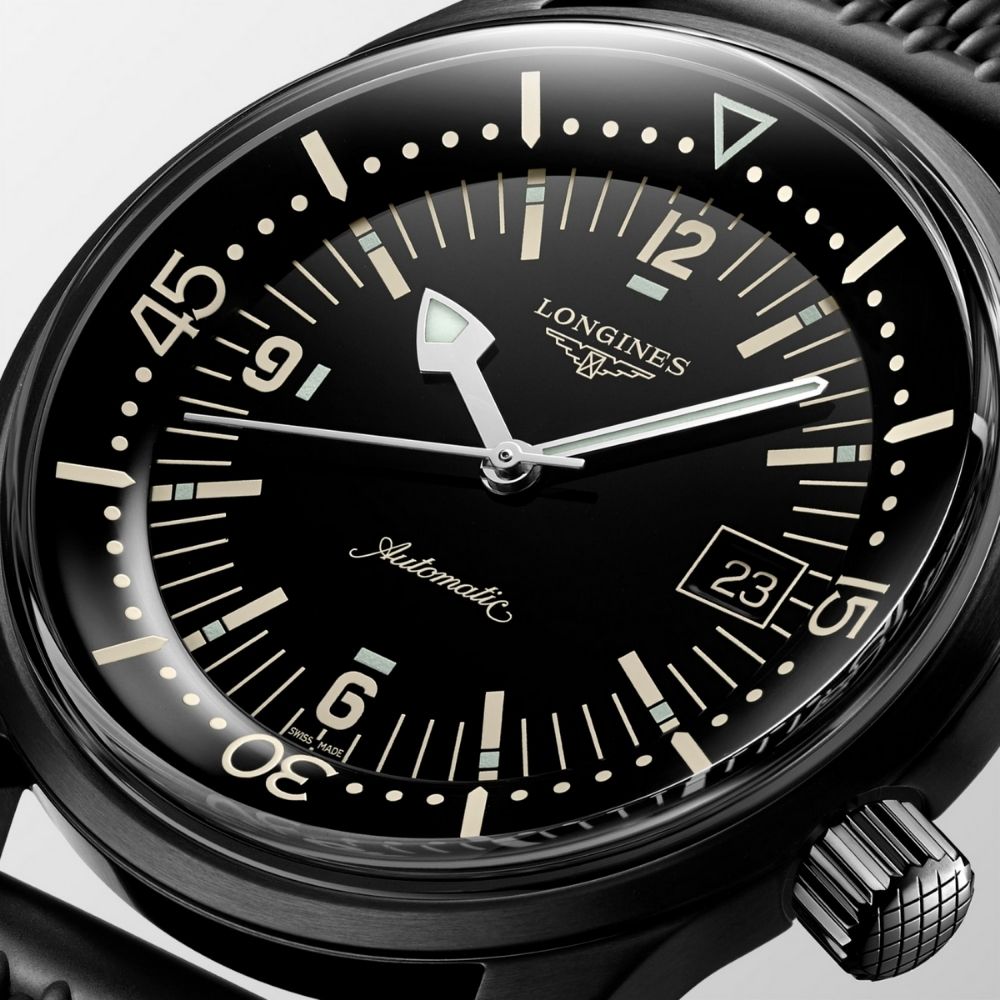 Orologio da uomo solo tempo automatico della collezione Longines modello The Longines Legend Diver Watch con cassa e cinturino in acciaio rivestito in pvd nero e quadrante nero - Impermeabile fino a 300 metri, adatto per immersioni e sport acquatici