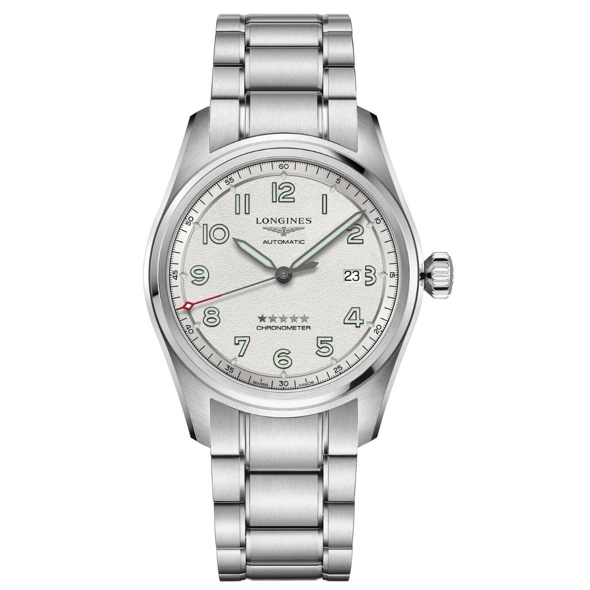 Longines Spirit orologio da uomo automatico con funzione cronometro, cassa e cinturino in acciaio e quadrante color argento - Codice orologio: L38114736