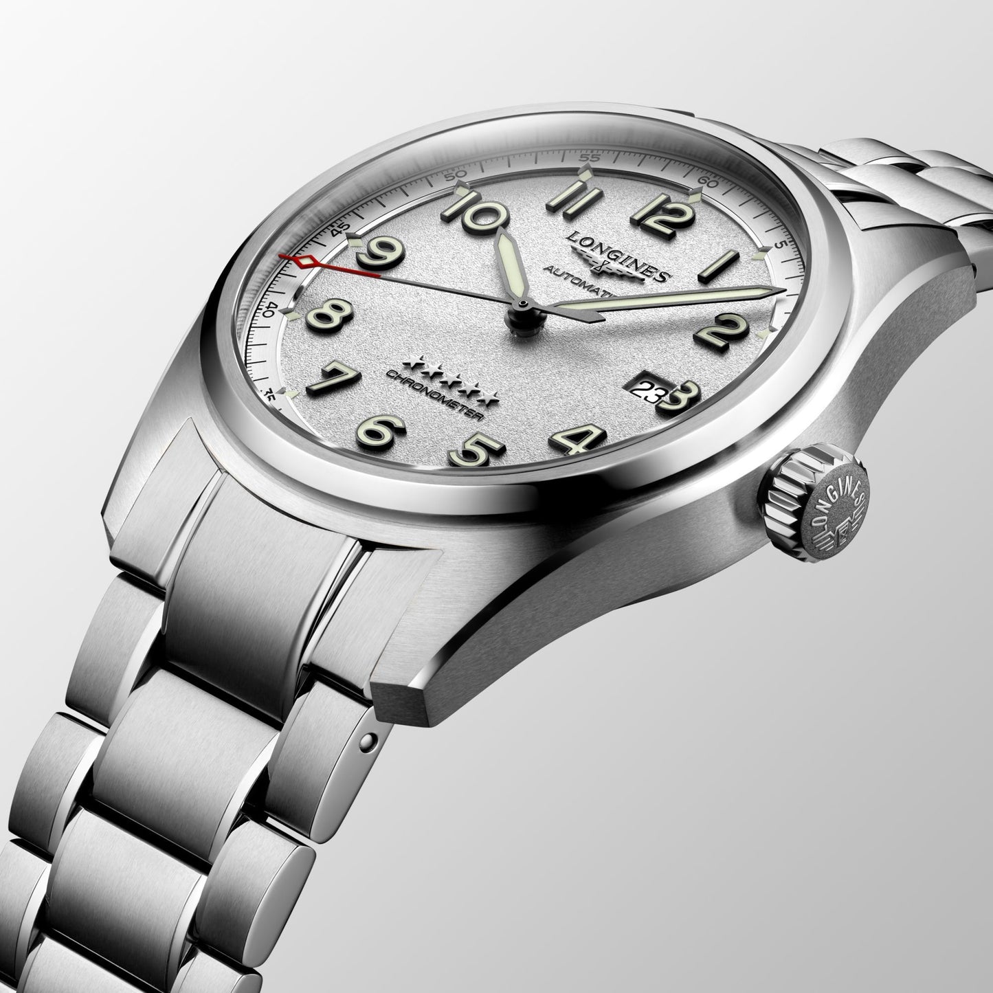 Longines Spirit orologio da uomo automatico con funzione cronometro, cassa e cinturino in acciaio e quadrante color argento - Codice orologio: L38114736