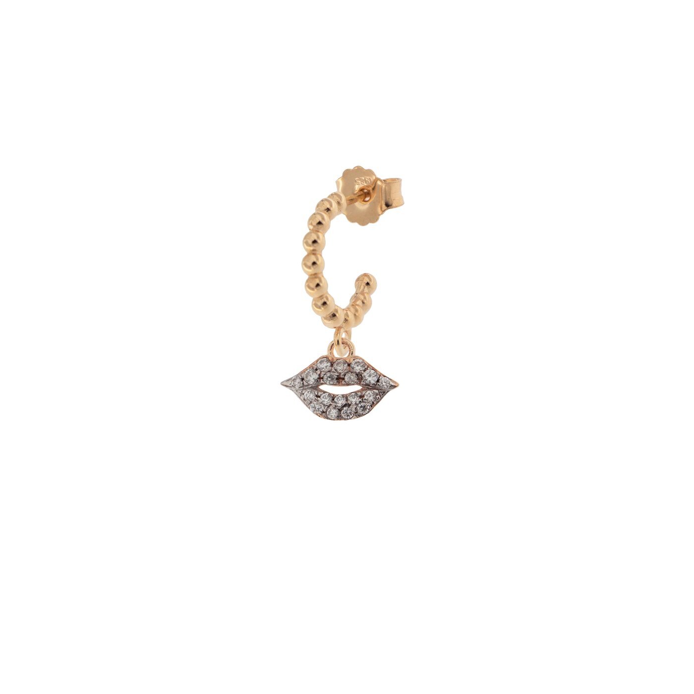 Rue Des Mille mono orecchino a cerchietto in argento 925 placcato in oro rosa 18 kt con soggetto "bocca" e zirconi bianchi - Codice mono orecchino: ORZ-007 BOC