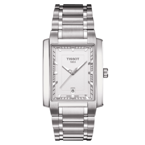Orologio da uomo solo tempo con cassa rettangolare della collezione Tissot TXL Cassa in acciaio inossidabile con lunghezza di 35 mm, larghezza di 31 e spessore di 9,27 mm Quadrante di colore bianco con indici e lancette color argento Vetro zaffiro antigraffio Movimento al quarzo Swiss Made calibro ETA F05.111 Resistente all'acqua fino a 100 metri (10 bar) Cinturino in acciaio inossidabile e chiusura a farfalla con pulsanti Codice prodotto: T0615101103100
