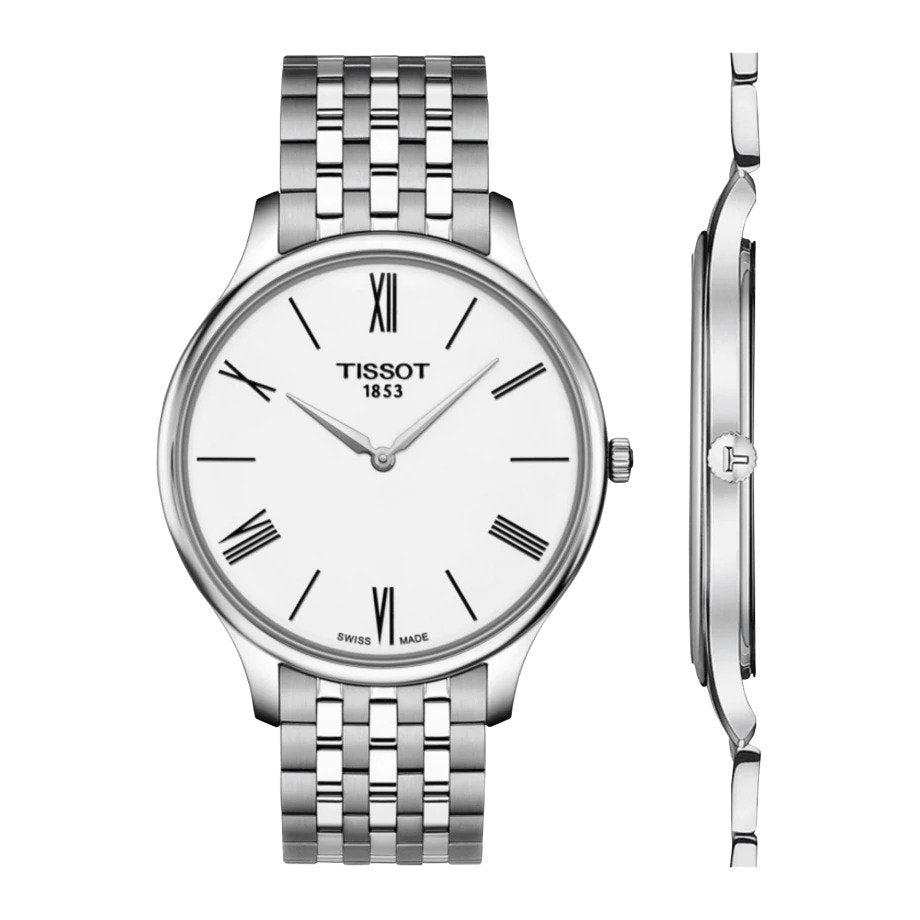 Orologio da uomo solo tempo al quarzo della collezione T-Classic Tissot modello Tradition 5.5 con cassa e cinturino in acciaio e quadrante bianco con indici romani
