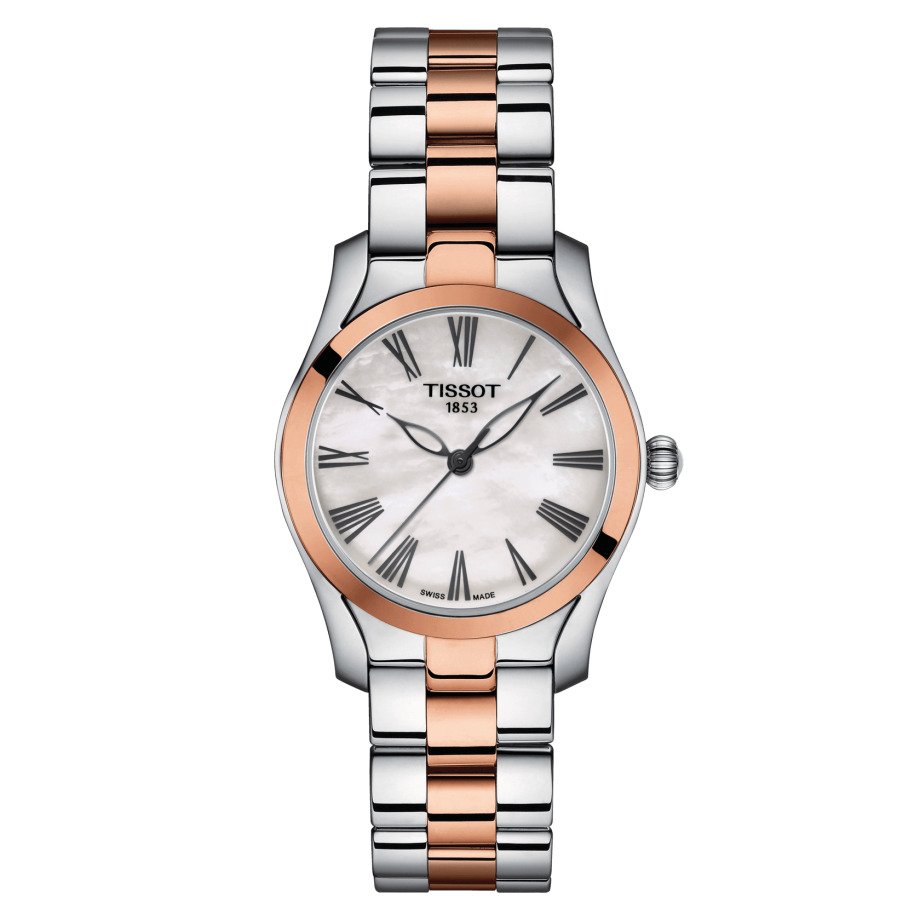 Orologio da donna solo tempo al quarzo della collezione T-Lady Tissot modello T-Wave con cassa e cinturino in acciaio inossidabile con trattamento pvd oro rosa e quadrante in madreperla bianca con indici numeri romani