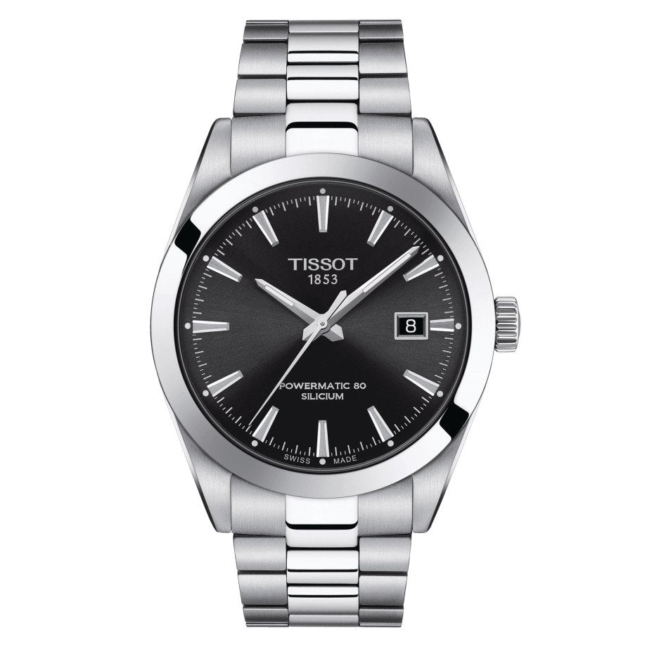 Orologio da uomo automatico solo tempo della collezione T-Classic Tissot modello Gentleman Powermatic 80 Silicium con riserva di carica fino a 80 ore, cinturino e cassa in acciaio e quadrante nero