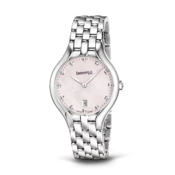 Eberhard Reve acciaio quarzo con bracciale e quadrante madreperla indici con diamanti 61009