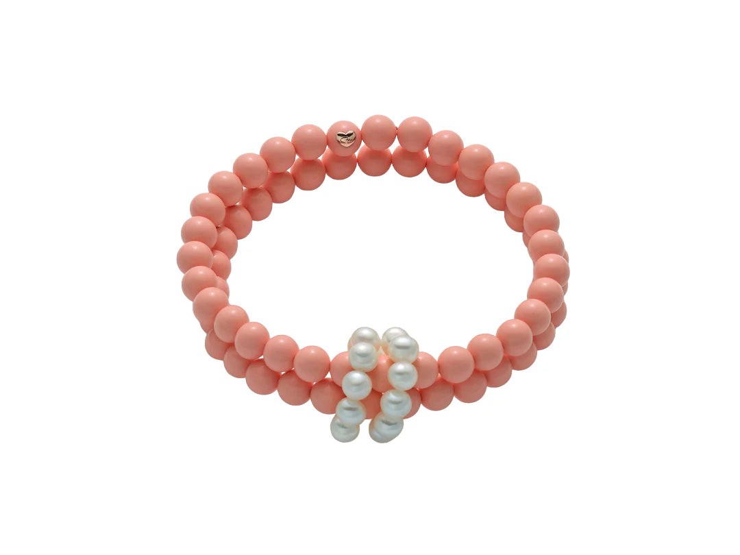Miluna Bracciale Doppio Filo in Pasta di Corallo Rosa con Perle