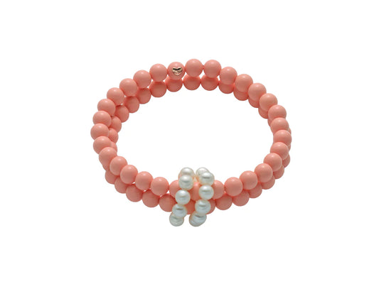 Miluna Bracciale Doppio Filo in Pasta di Corallo Rosa con Perle