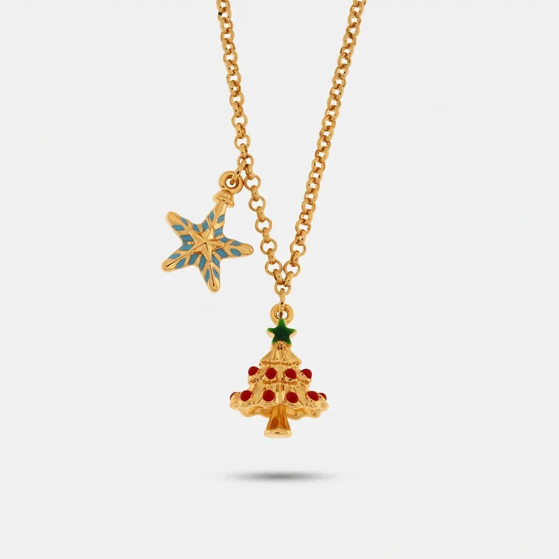 BySimon Collana in Metallo con Albero di Natale e Stella Pendente