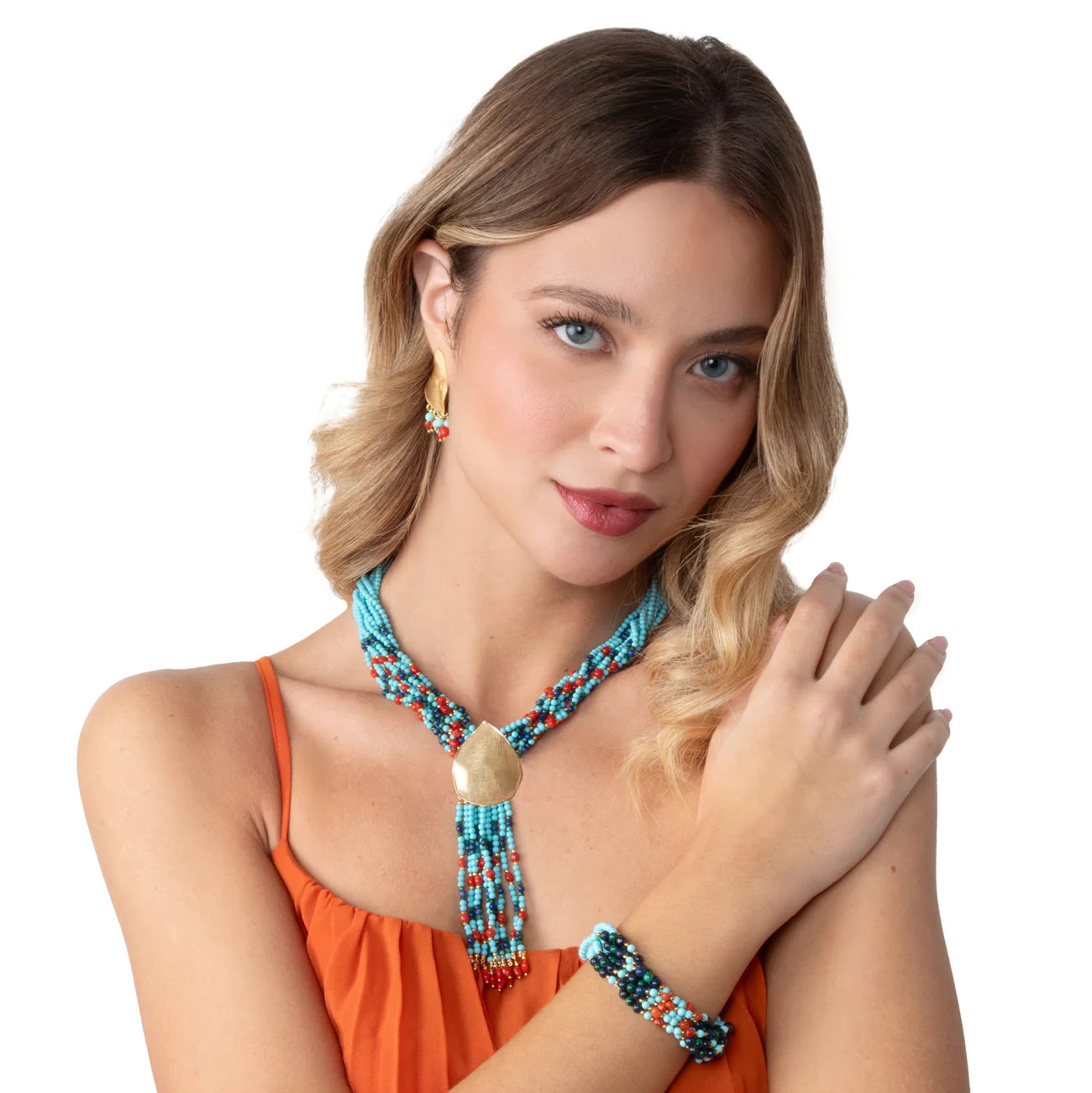 NIVY Collana a Y Multifilo con Corallo e Pietre