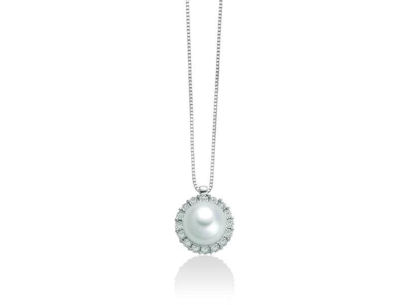 Miluna Collana con Perla 7-7,5 e Giro di Diamanti in Oro 18kt