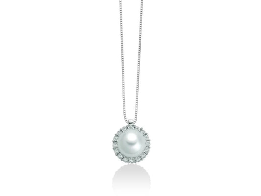 Miluna Collana con Perla 7-7,5 e Giro di Diamanti in Oro 18kt