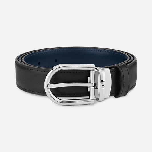 Montblanc Cintura reversibile in pelle nera/blu 30 mm con fibbia a ferro di cavallo 128756