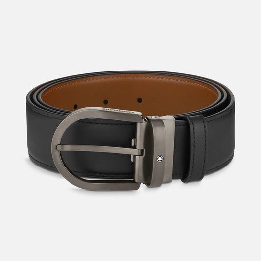 Montblanc Cintura reversibile in pelle nera/marrone 40 mm con fibbia a ferro di cavallo 129432