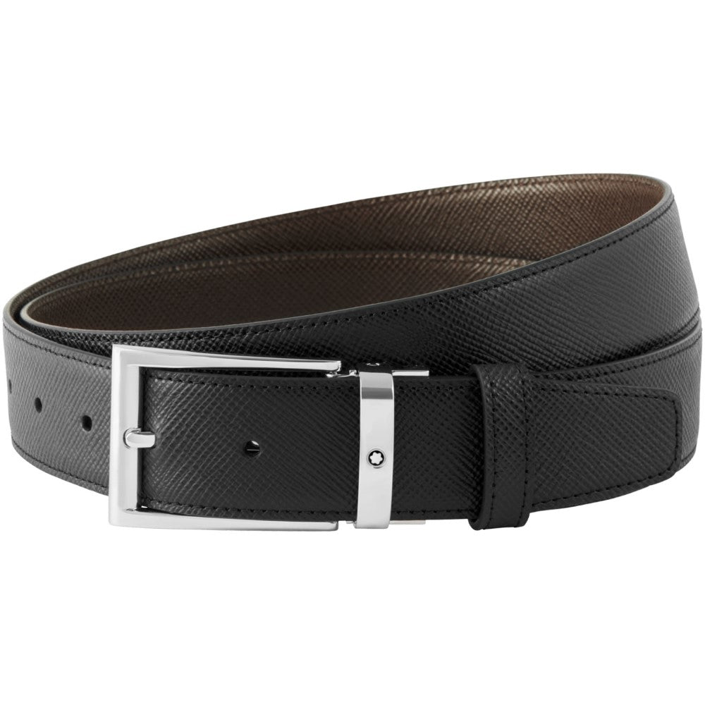 Montblanc cintura da uomo reversibile nero / marrone in pregiata pelle di provenienza europea con stampa Saffiano e fibbia ad ardiglione con finitura in palladio lucido - Dimensioni cintura: 3,5 x 120 cm regolabile grazie al facile meccanismo di sgancio rapido - Codice cintura: 118436