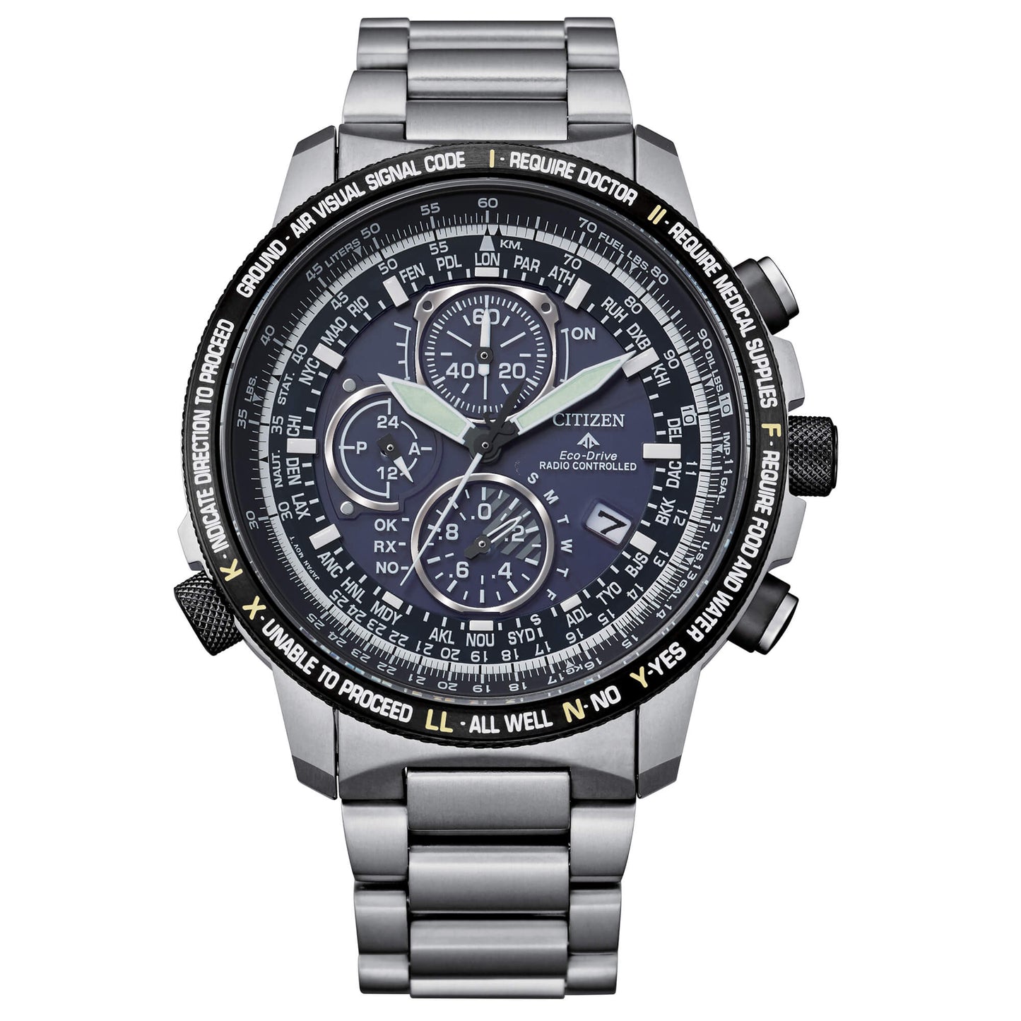 Citizen Sky orologio da uomo Eco Drive Radiocontrollato con cassa e cinturino in super titanio e quadrante blu - Codice orologio: AT8199-84L