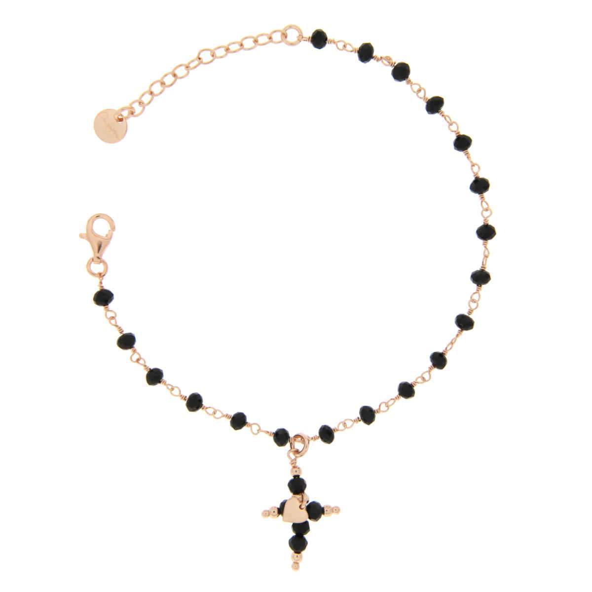 Rue Des Mille bracciale donna rosario e croce in argento 925 placcato in oro rosa 18 kt con pietre di colore nero - Codice bracciale: BR-PPN ROS