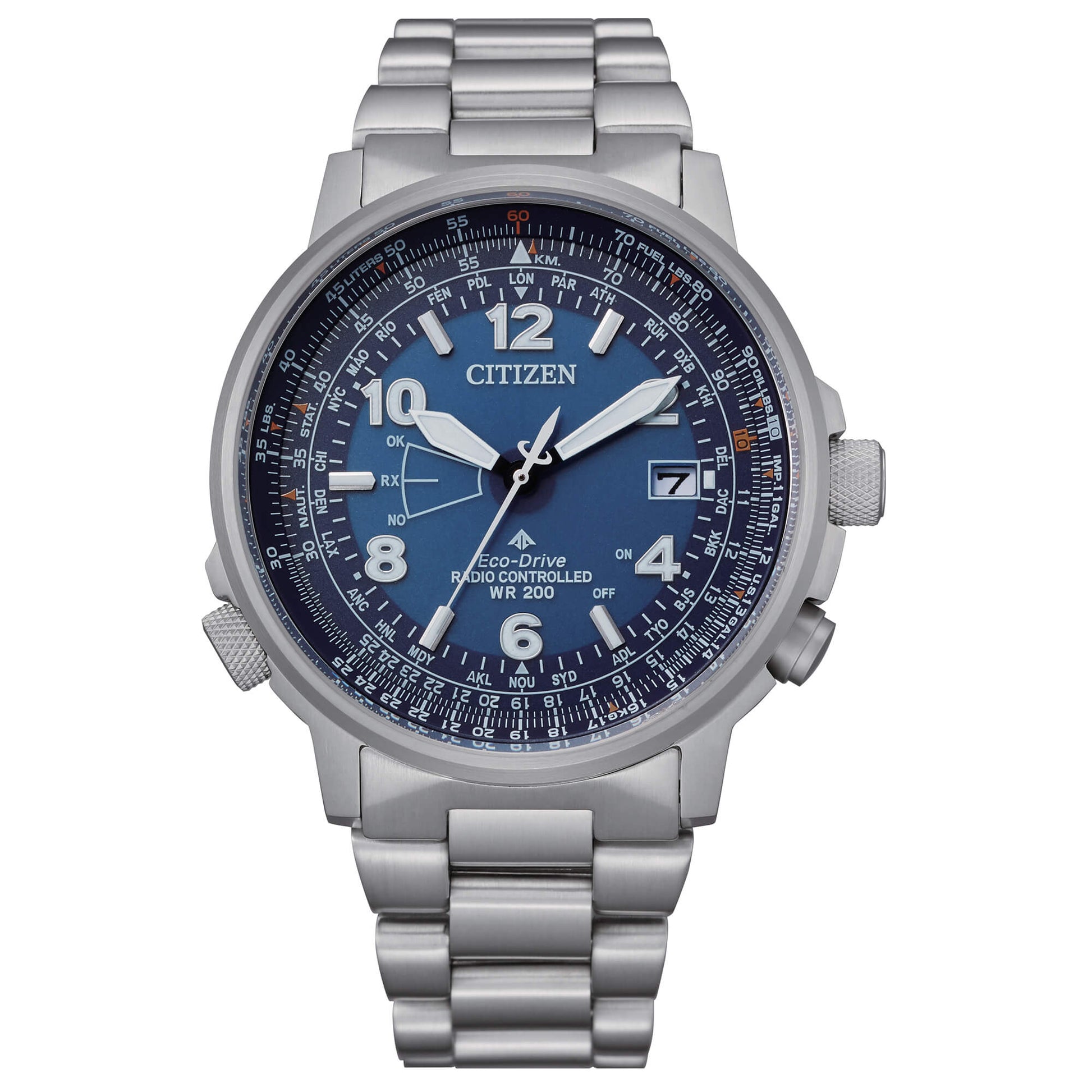 Citizen Pilot Acciaio orologio da uomo cronografo Eco Drive Radiocontrollato con cassa e cinturino in acciaio e quadrante blu - Codice orologio: CB0240-88L