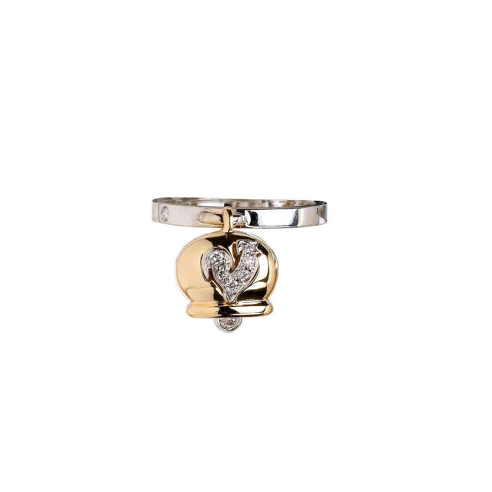 Chantecler Capri anello con campanella in oro giallo 18 kt, gallo sulla campanella con pavé di diamanti e gambo in oro bianco 18 kt della collezione Campanelle - Codice anello: 17670