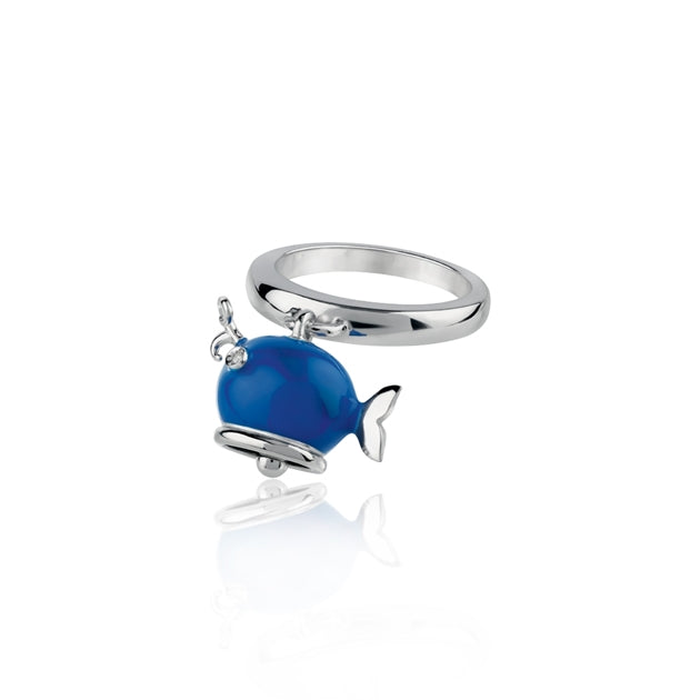 Chantecler Capri anello con campanella a forma di balena in argento 925, smalto di colore blu e diamante della collezione Et Voilà - Codice anello: 39014 