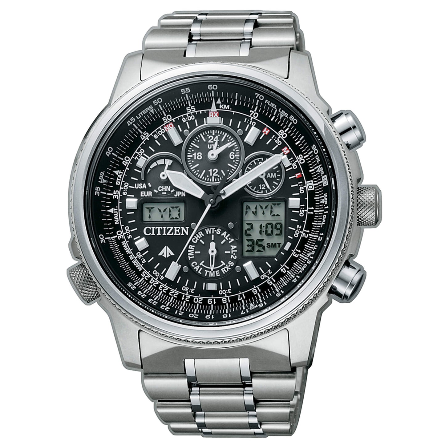 Citizen Super Pilot orologio da uomo Eco Drive radiocontrollato con cassa e cinturino in titanio e quadrante nero - Codice orologio: JY8020-52E