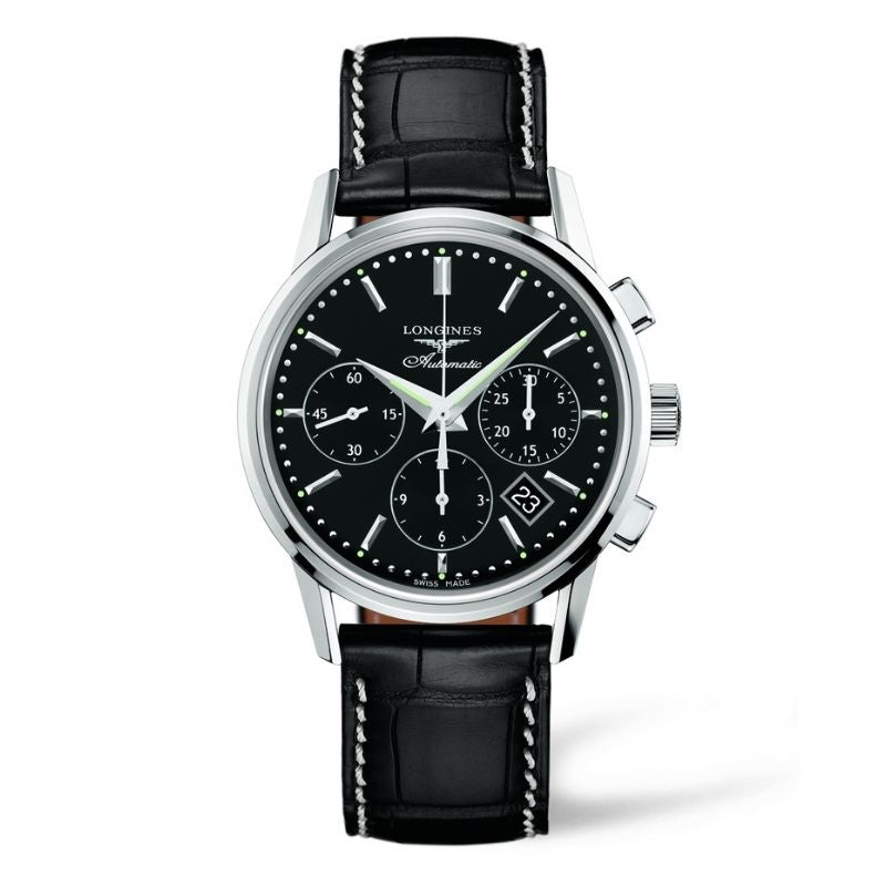 Longines Heritage Column-Wheel Chronograph orologio da uomo automatico cronografo con cassa in acciaio, cinturino in pelle nero e quadrante nero